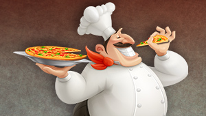 Fat man in white chefs coat and hat holding a pizza pie and taking a bite of a slice of pizza